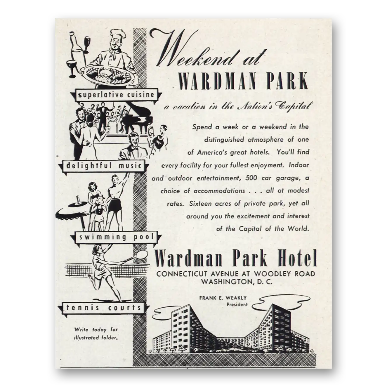 1948 Wardman Park Hotel Weekend Vintage Magazine Print Ad