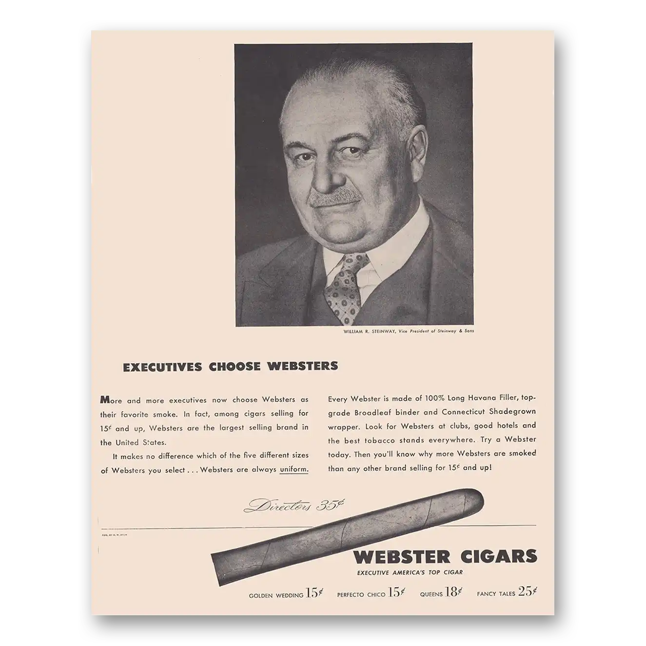 1948 Webster Cigars William R Steinway Executives Choose Websters Vintage Magazine Print Ad