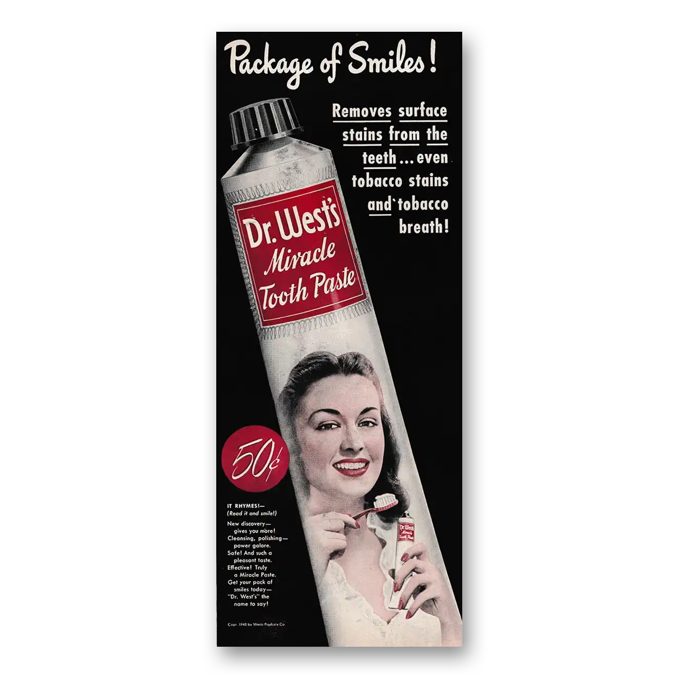 1948 Dr Wests Miracle Tooth Paste Package of Smiles Vintage Magazine Print Ad