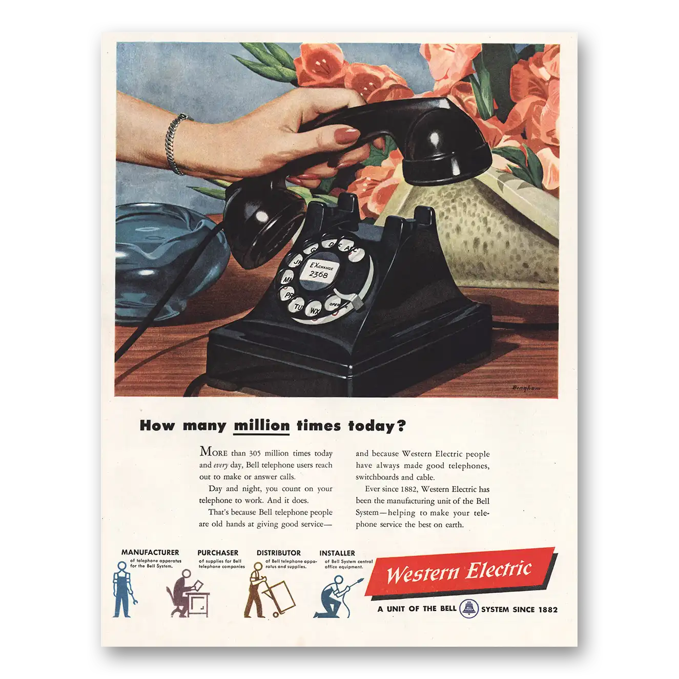 1948 Western Electric How Many Million Times Today Vintage Magazine Print Ad