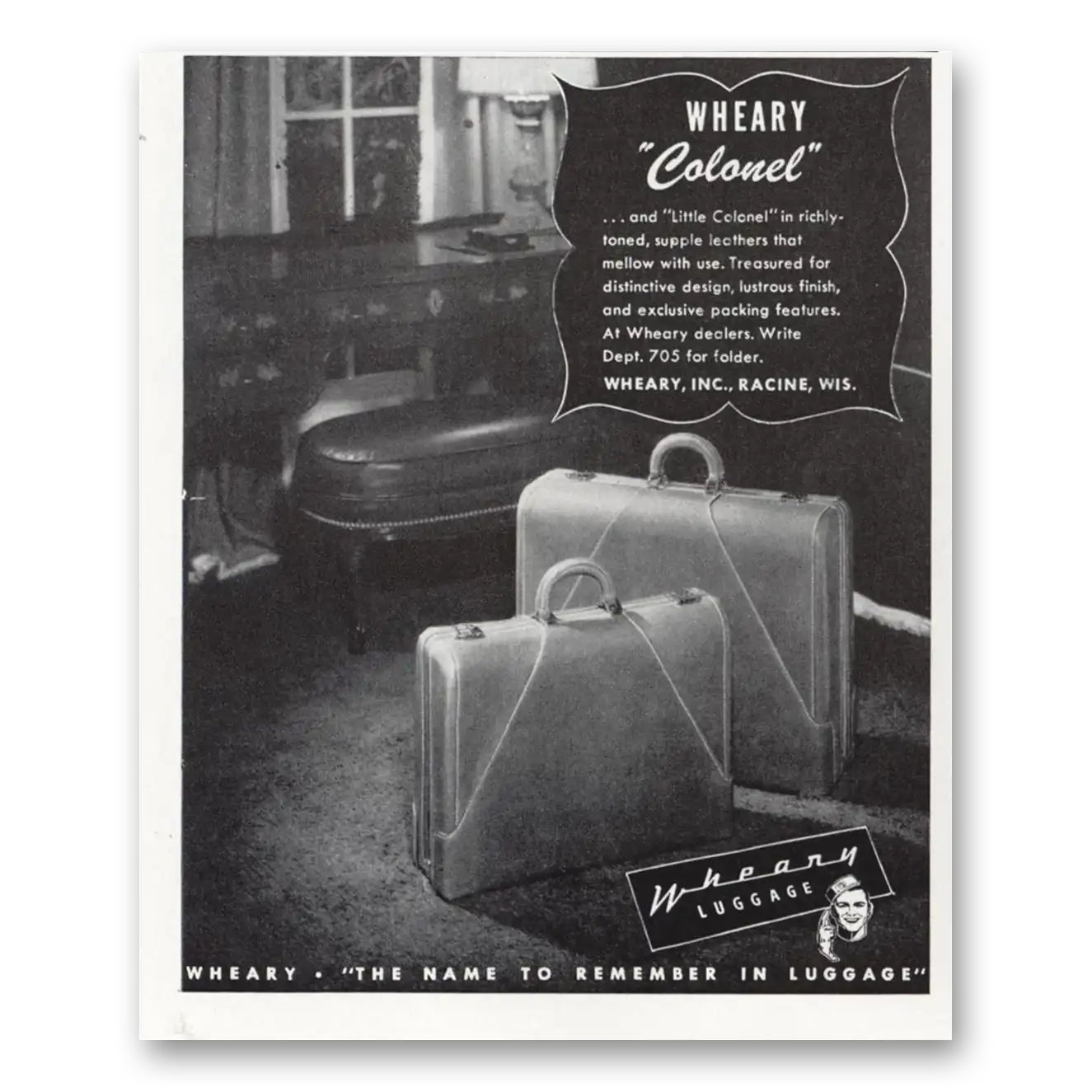 1948 Wheary Luggage Little Colonel in Richly Toned Vintage Magazine Print Ad