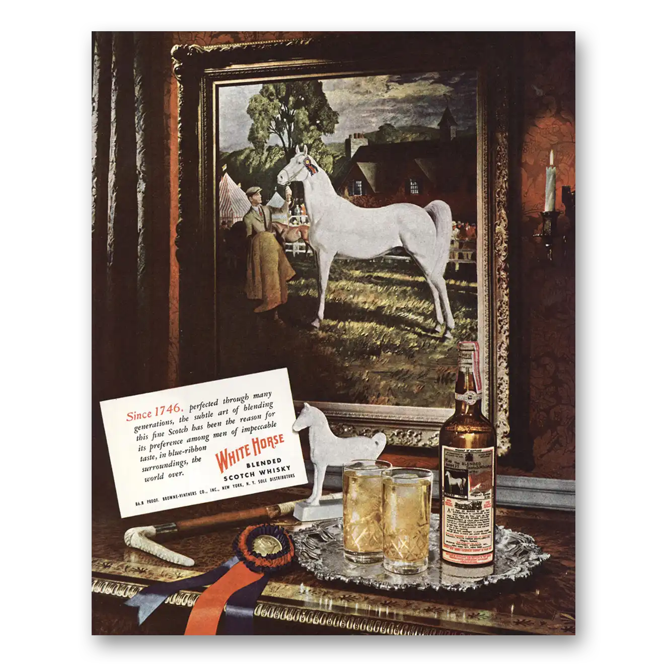 1948 White Horse Scotch Whisky Since 1746 Perfected Through Generations Vintage Magazine Print Ad