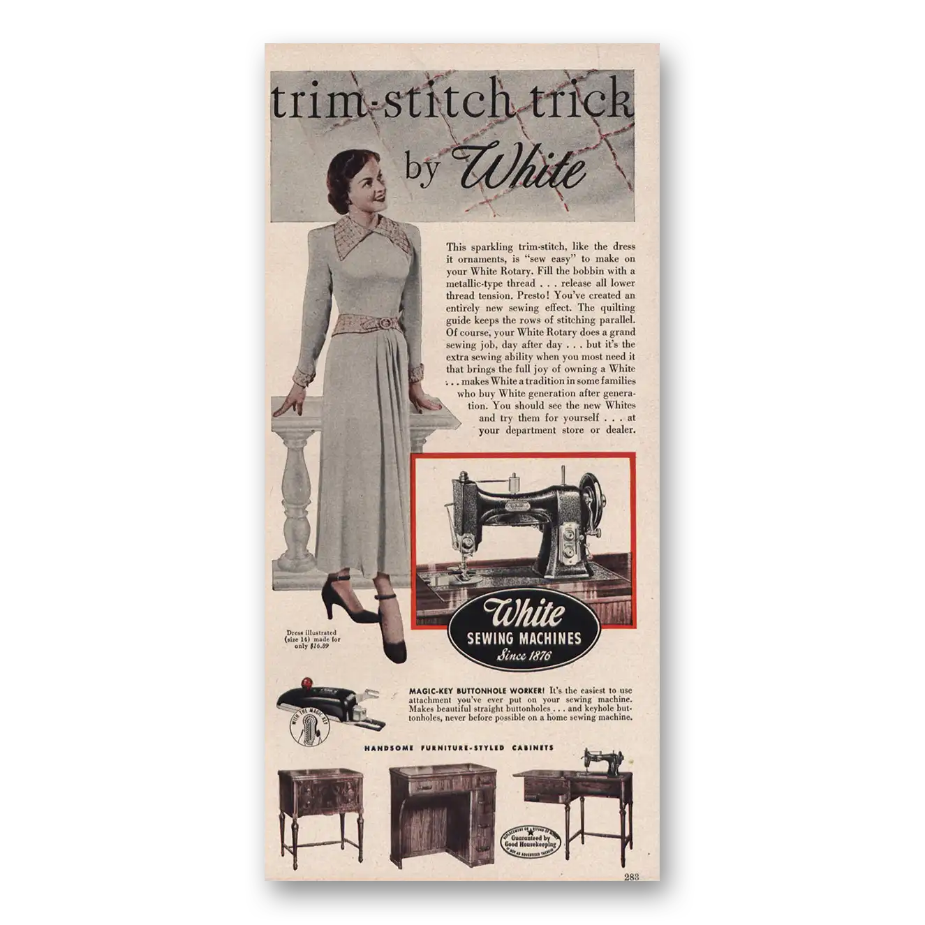 1948 White Sewing Machines Trim Stitch Trick Vintage Magazine Print Ad