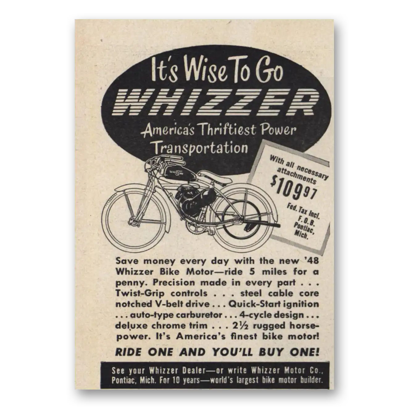 1948 Whizzer Motorbike Wise to Go Whizzer Vintage Magazine Print Ad