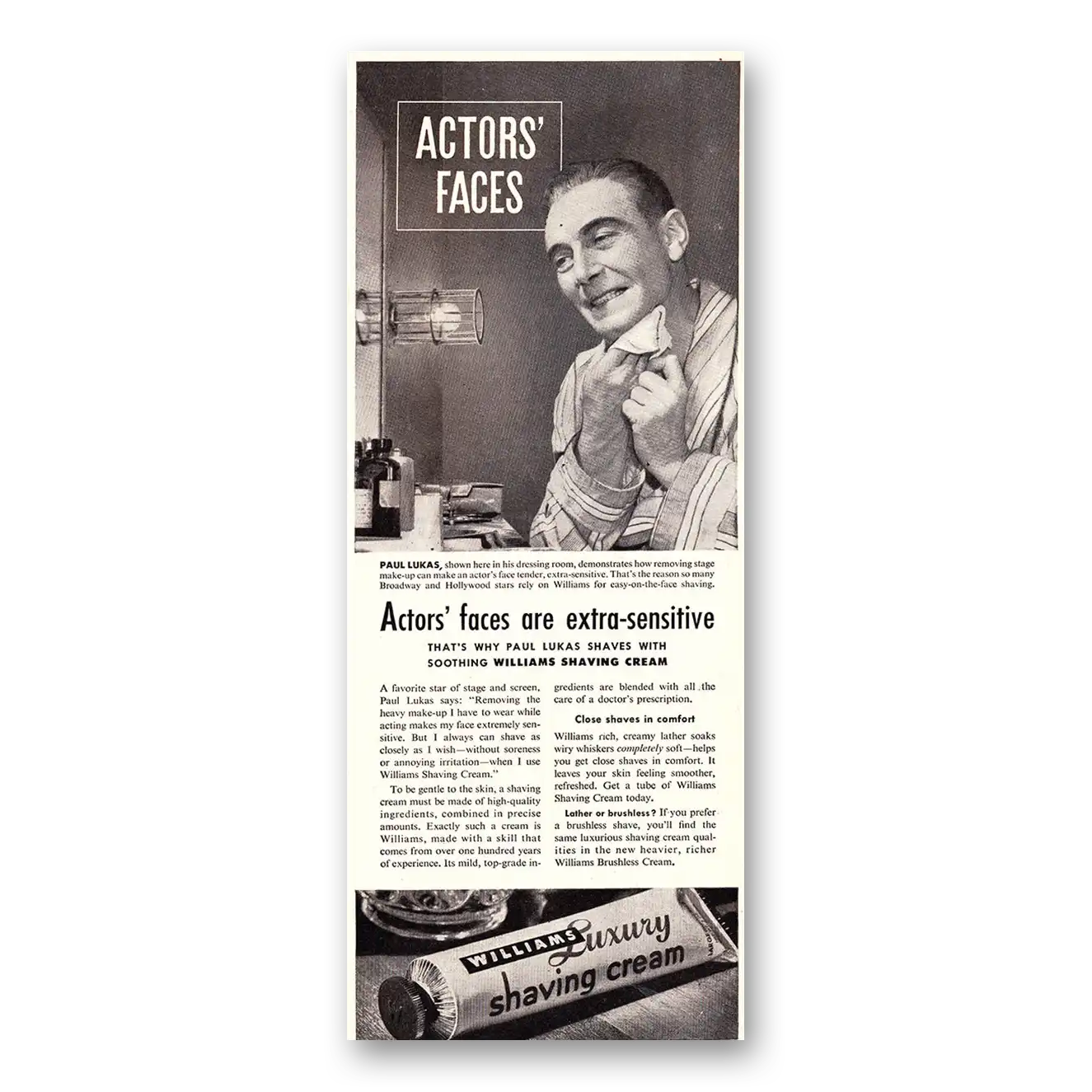 1948 Williams Shaving Cream Actors Faces Paul Lukas Vintage Magazine Print Ad