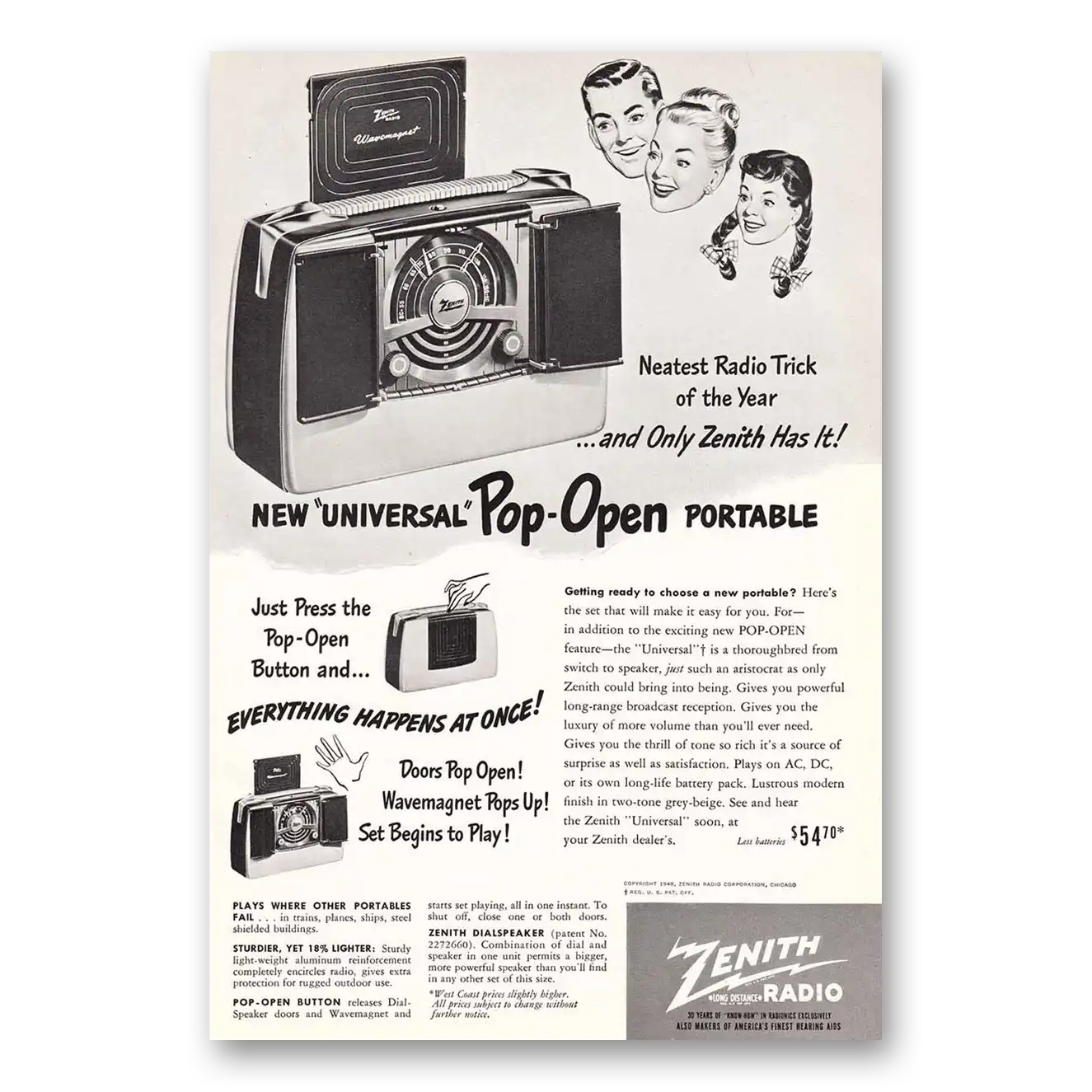 1948 Zenith Radio Universal Pop Open Portable Vintage Magazine Print Ad