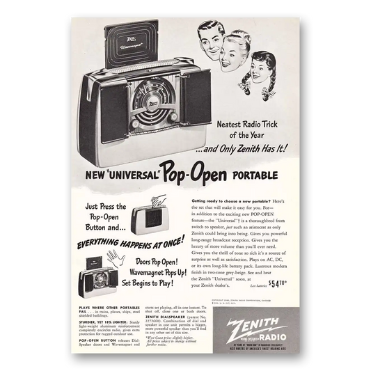 1948 Zenith Radio Universal Pop Open Portable Vintage Magazine Print Ad