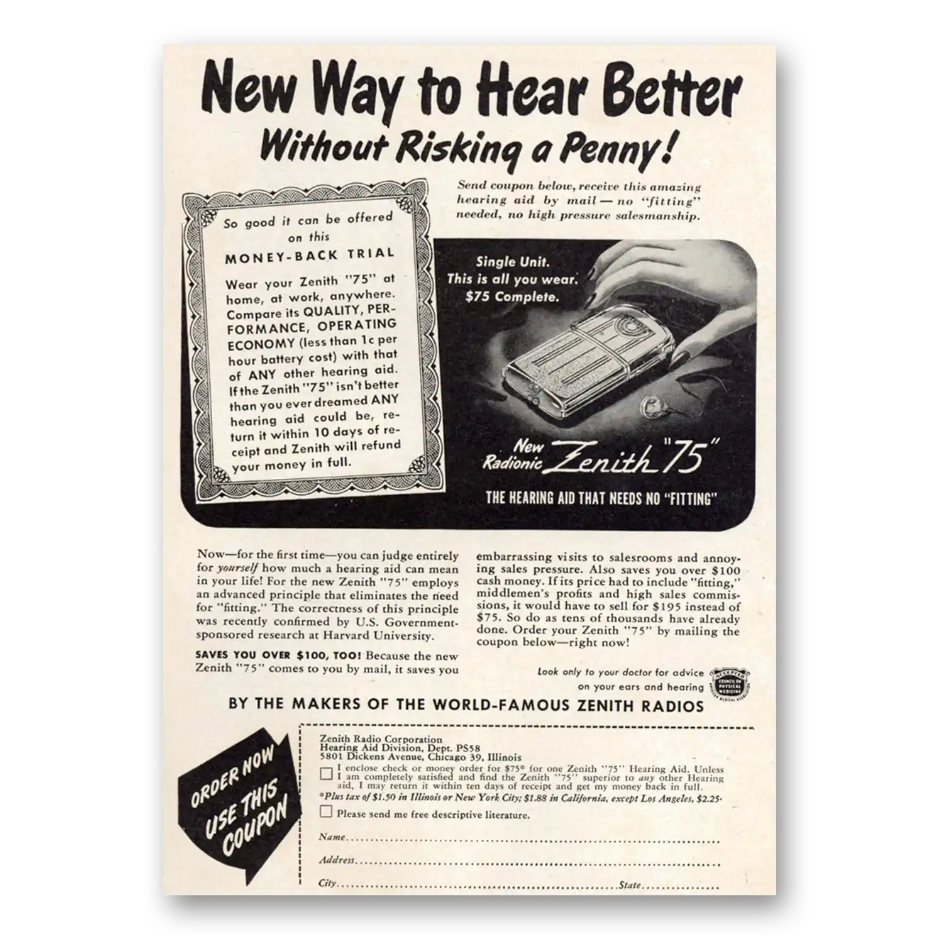 1948 Zenith Hearing Aid New Way to Hear Better Vintage Magazine Print Ad