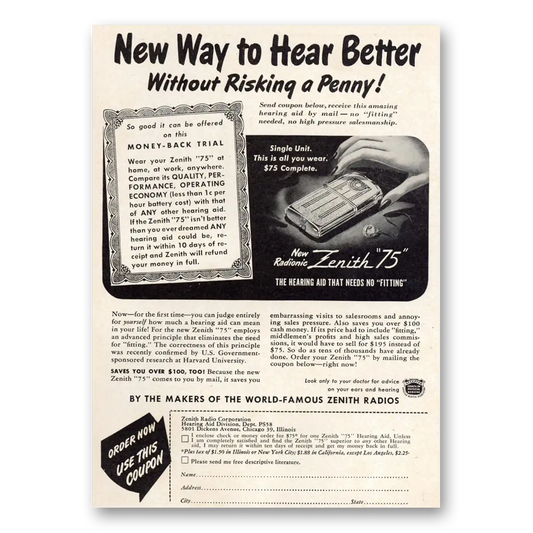 1948 Zenith Hearing Aid New Way to Hear Better Vintage Magazine Print Ad