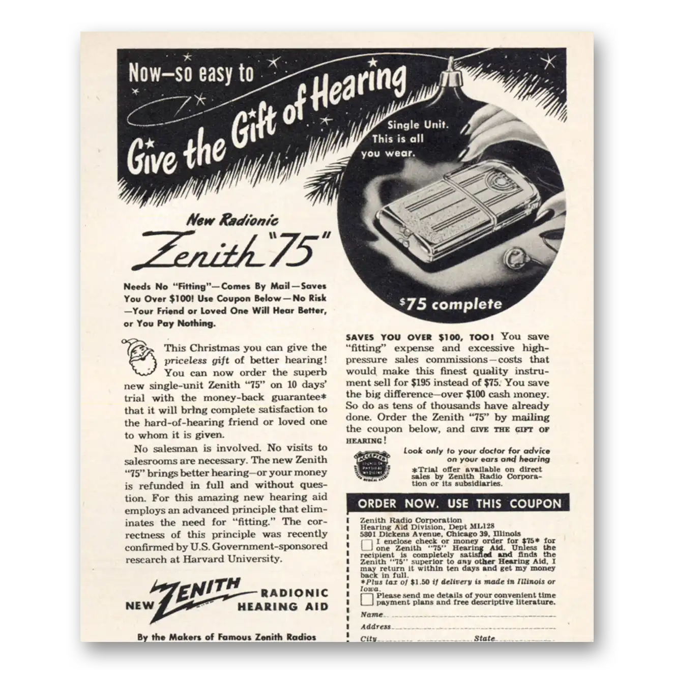 1948 Zenith Hearing Aid Gift of Hearing Vintage Magazine Print Ad