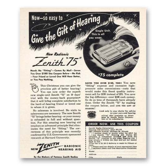 1948 Zenith Hearing Aid Gift of Hearing Vintage Magazine Print Ad