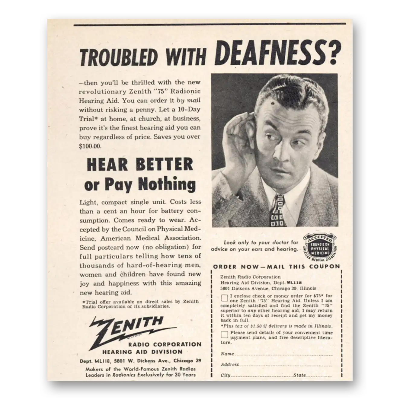 1948 Zenith Hearing Aid Hear Better or Pay Nothing Vintage Magazine Print Ad