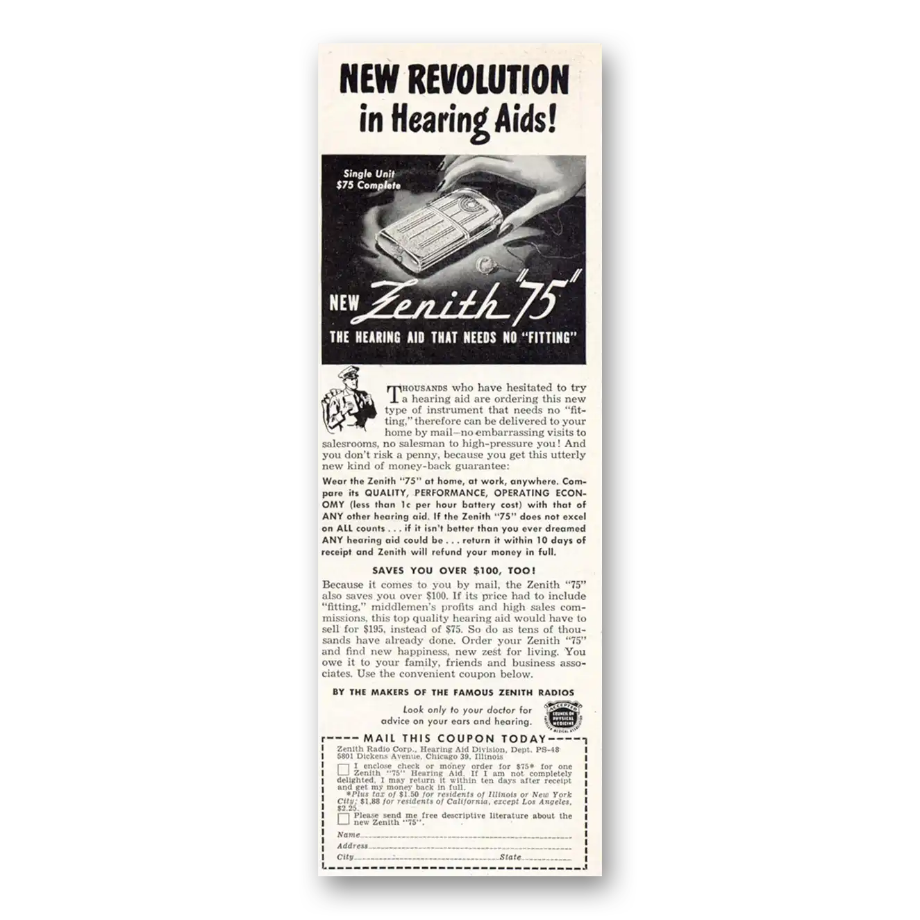 1948 Zenith Hearing Aid New Revolution Vintage Magazine Print Ad