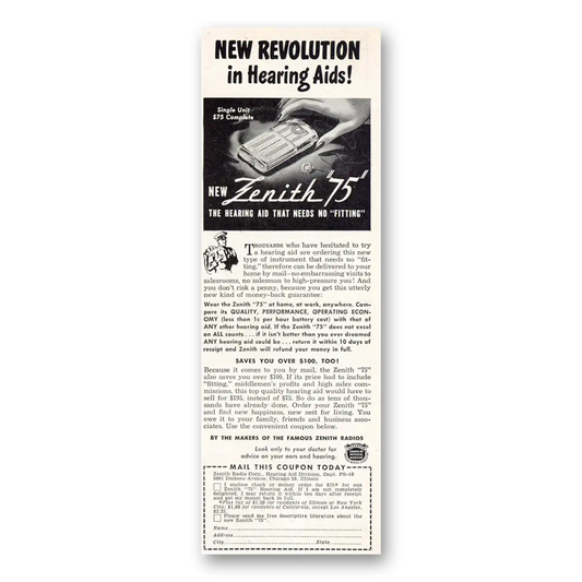 1948 Zenith Hearing Aid New Revolution Vintage Magazine Print Ad