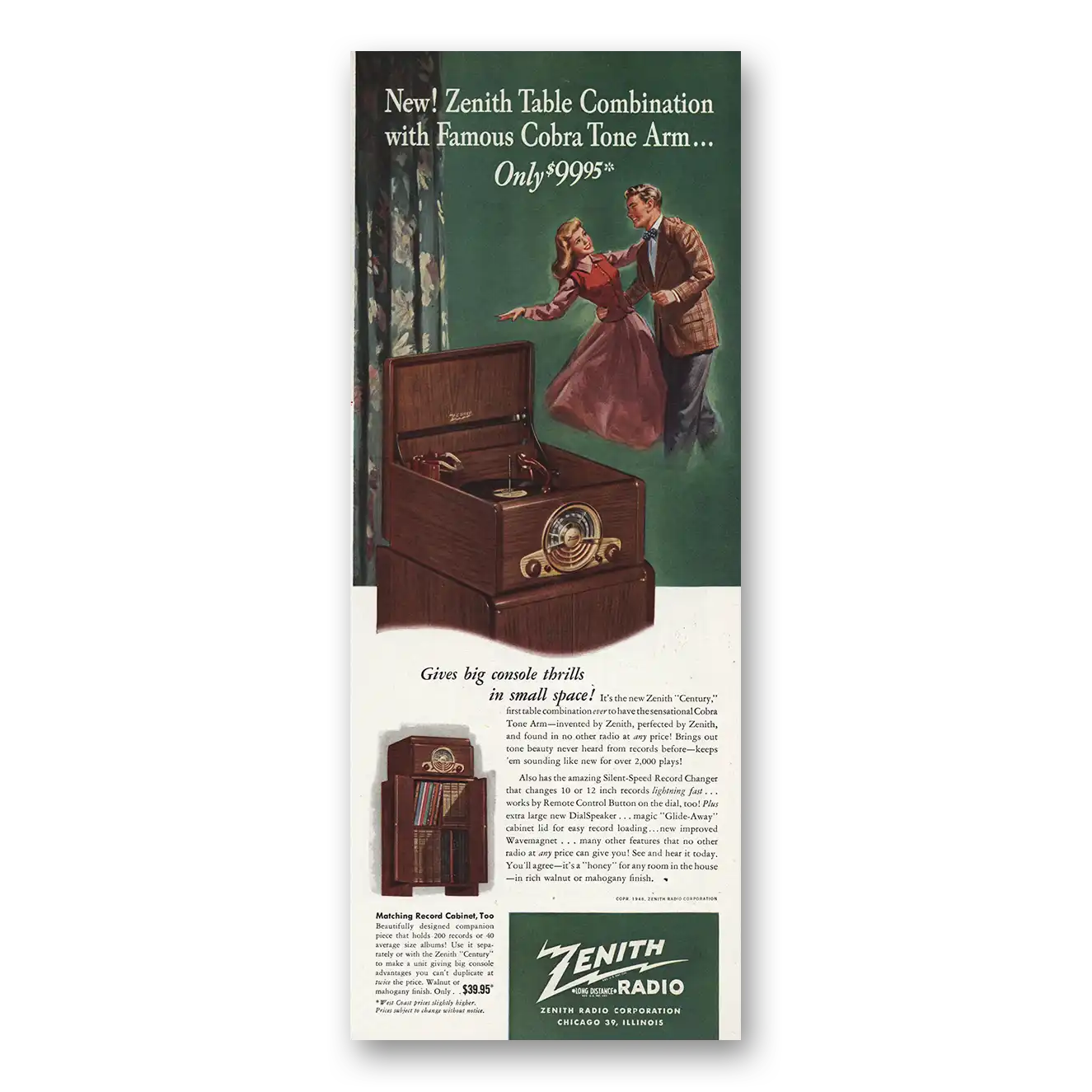 1948 Zenith Radio Table Combination Cobra Tone Arm Vintage Magazine Print Ad