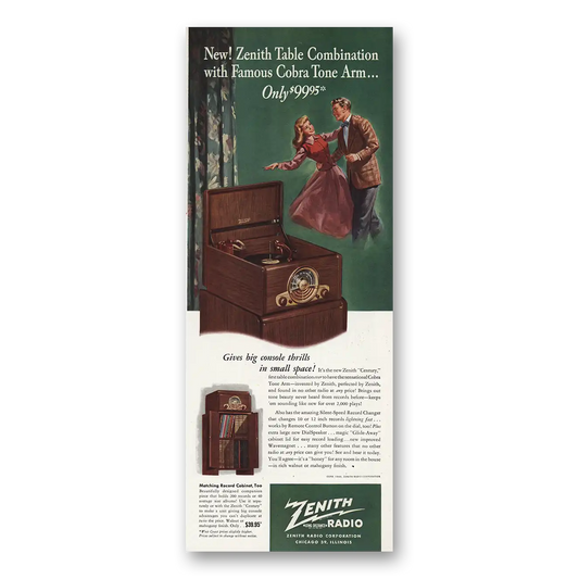 1948 Zenith Radio Table Combination Cobra Tone Arm Vintage Magazine Print Ad