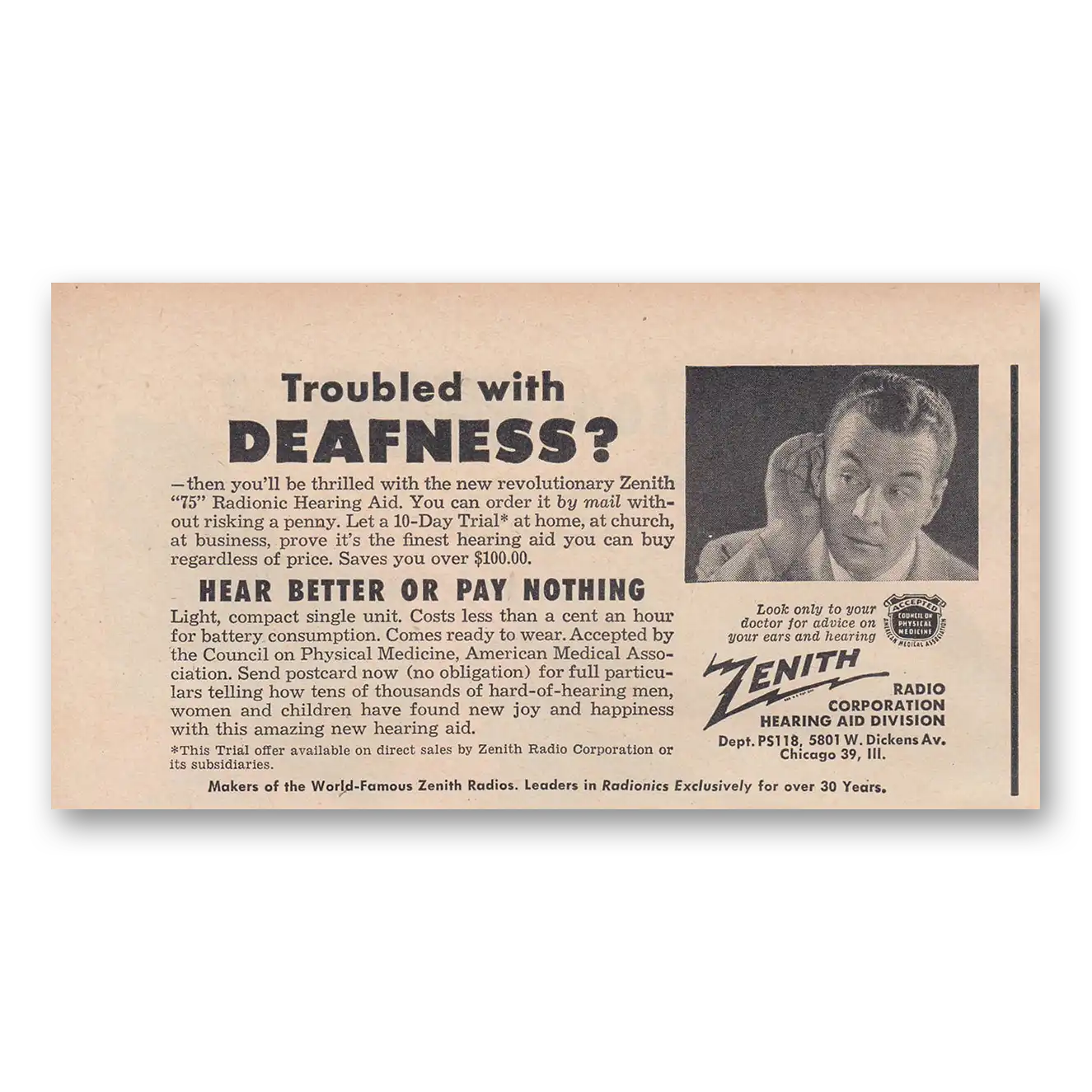 1948 Zenith Hearing Aid Deafness Hear Better or Pay Nothing Vintage Magazine Print Ad