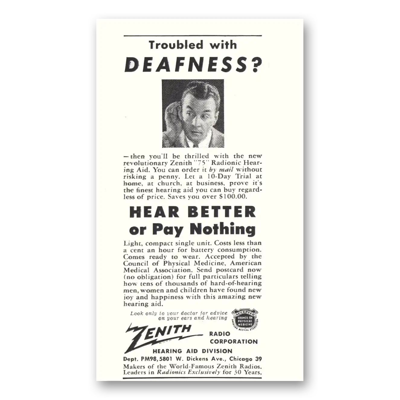 1948 Zenith Hearing Aid Troubled With Deafness Vintage Magazine Print Ad