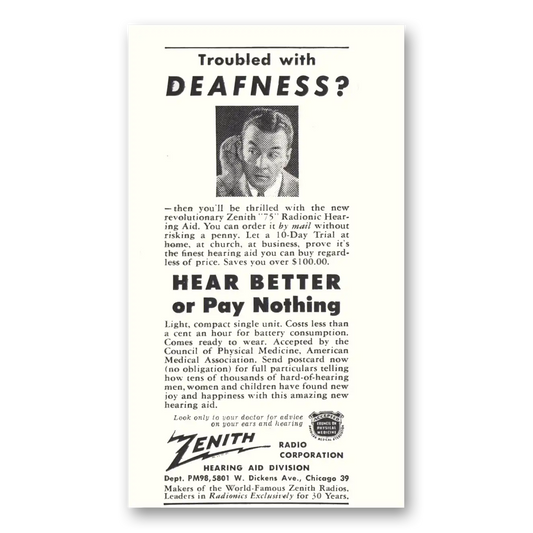 1948 Zenith Hearing Aid Troubled With Deafness Vintage Magazine Print Ad