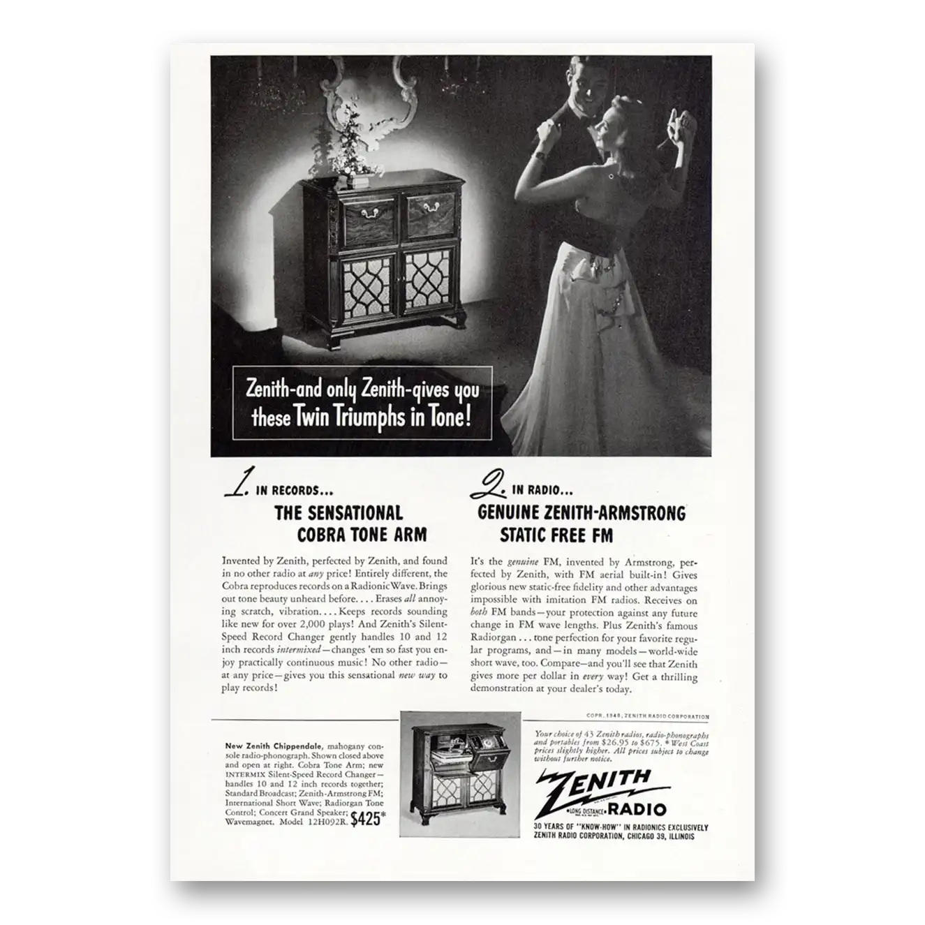 1948 Zenith Radio Twin Triumphs In Tone Vintage Magazine Print Ad