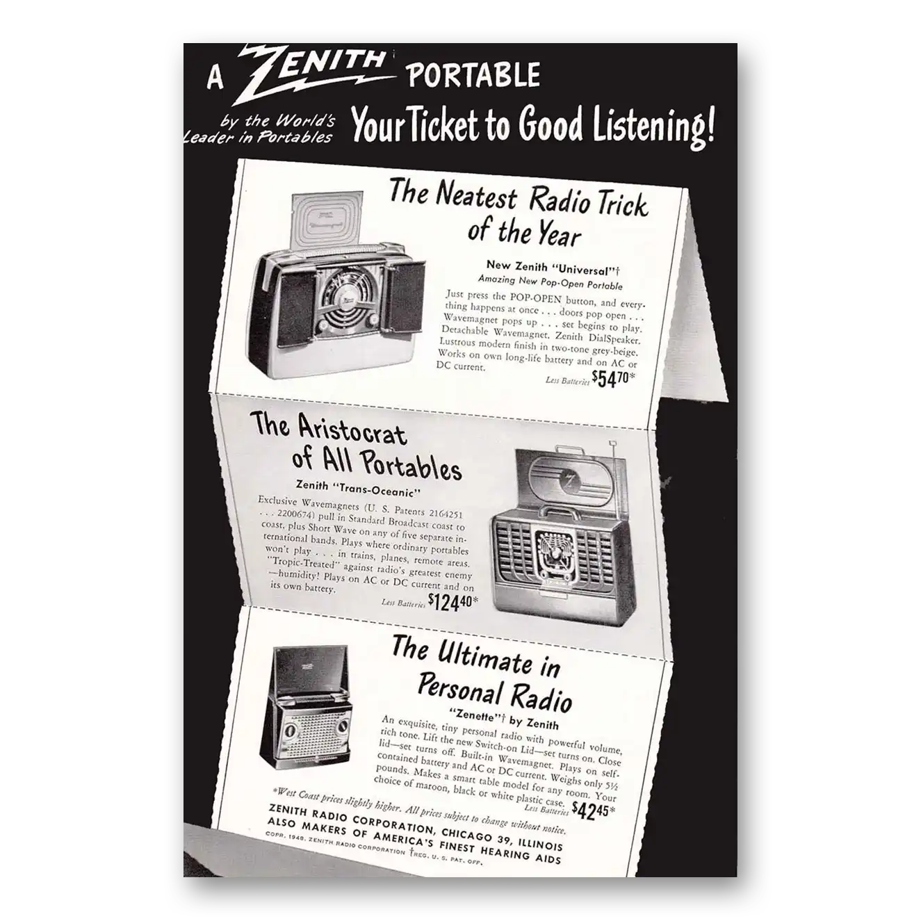 1948 Zenith Radio Your Ticket to Good Listening Vintage Magazine Print Ad