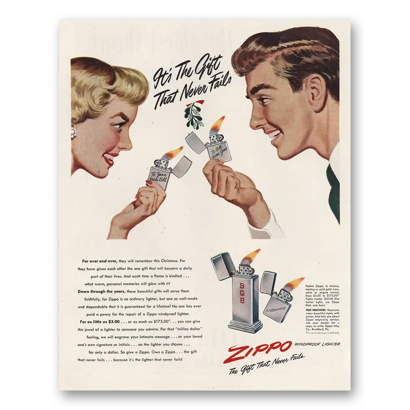 1948 Zippo Lighter Gift That Never Fails Vintage Magazine Print Ad