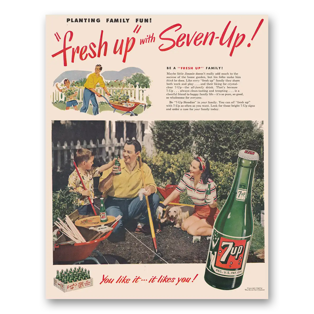 1949 7Up Planting Family Fun Vintage Magazine Print Ad