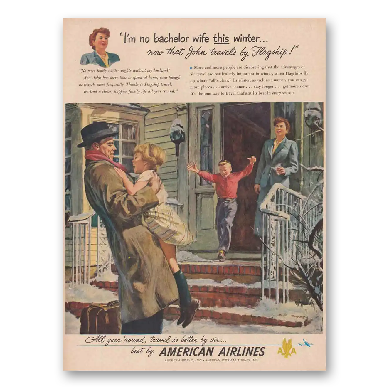 1949 American Airlines No Bachelor Wife This Winter Flagship Vintage Magazine Print Ad