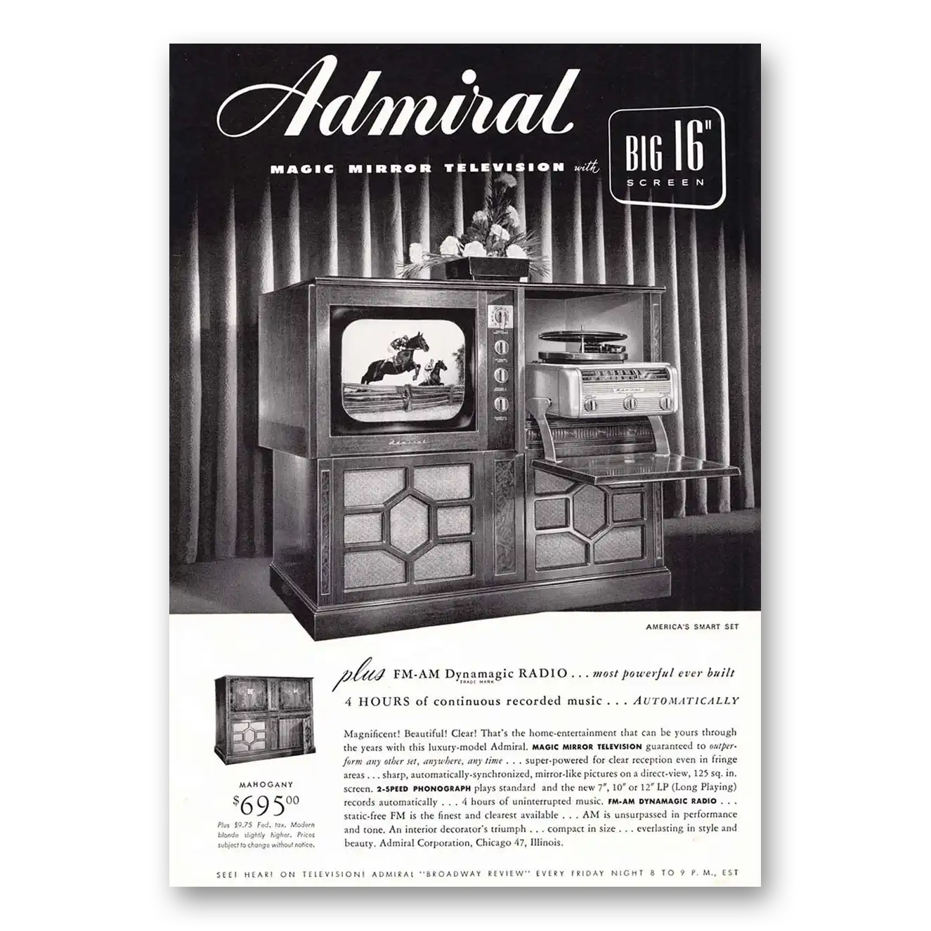 1949 Admiral Television Magic Mirror Television Big 16 Screen Vintage Magazine Print Ad