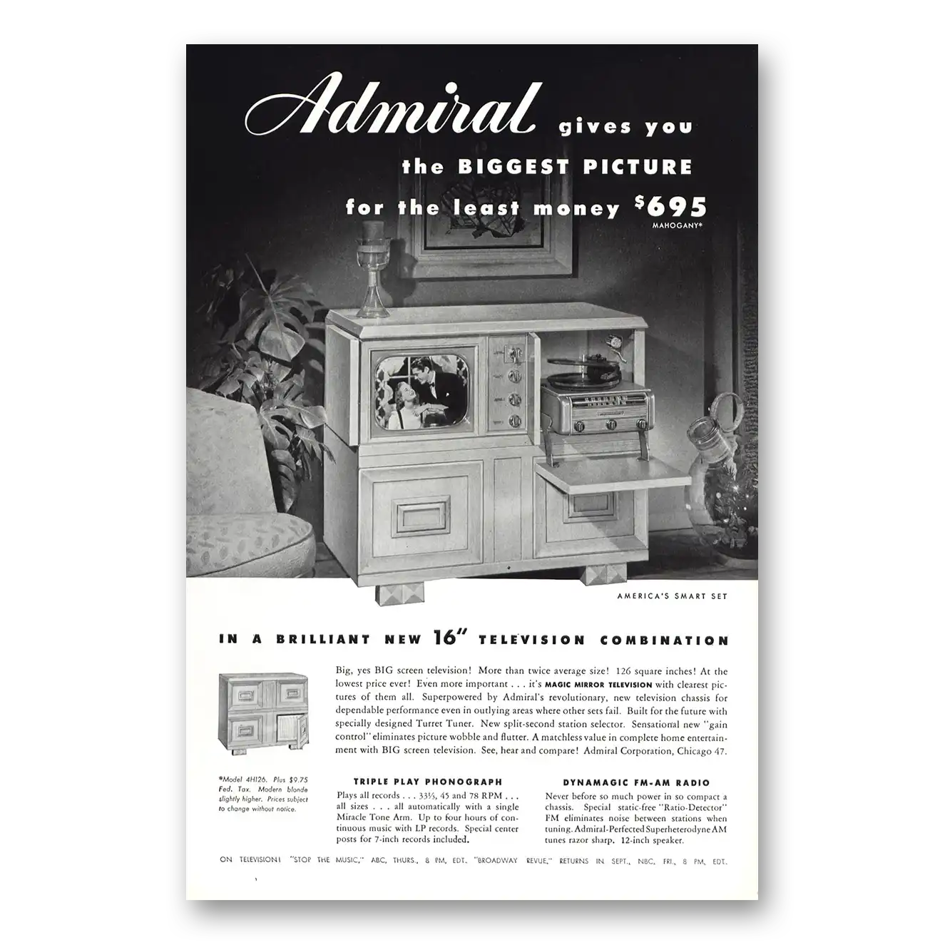 1949 Admiral Television Biggest Picture Vintage Magazine Print Ad