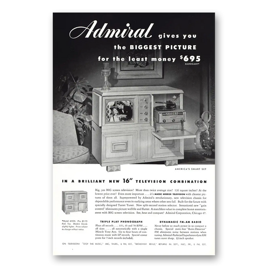 1949 Admiral Television Biggest Picture Vintage Magazine Print Ad