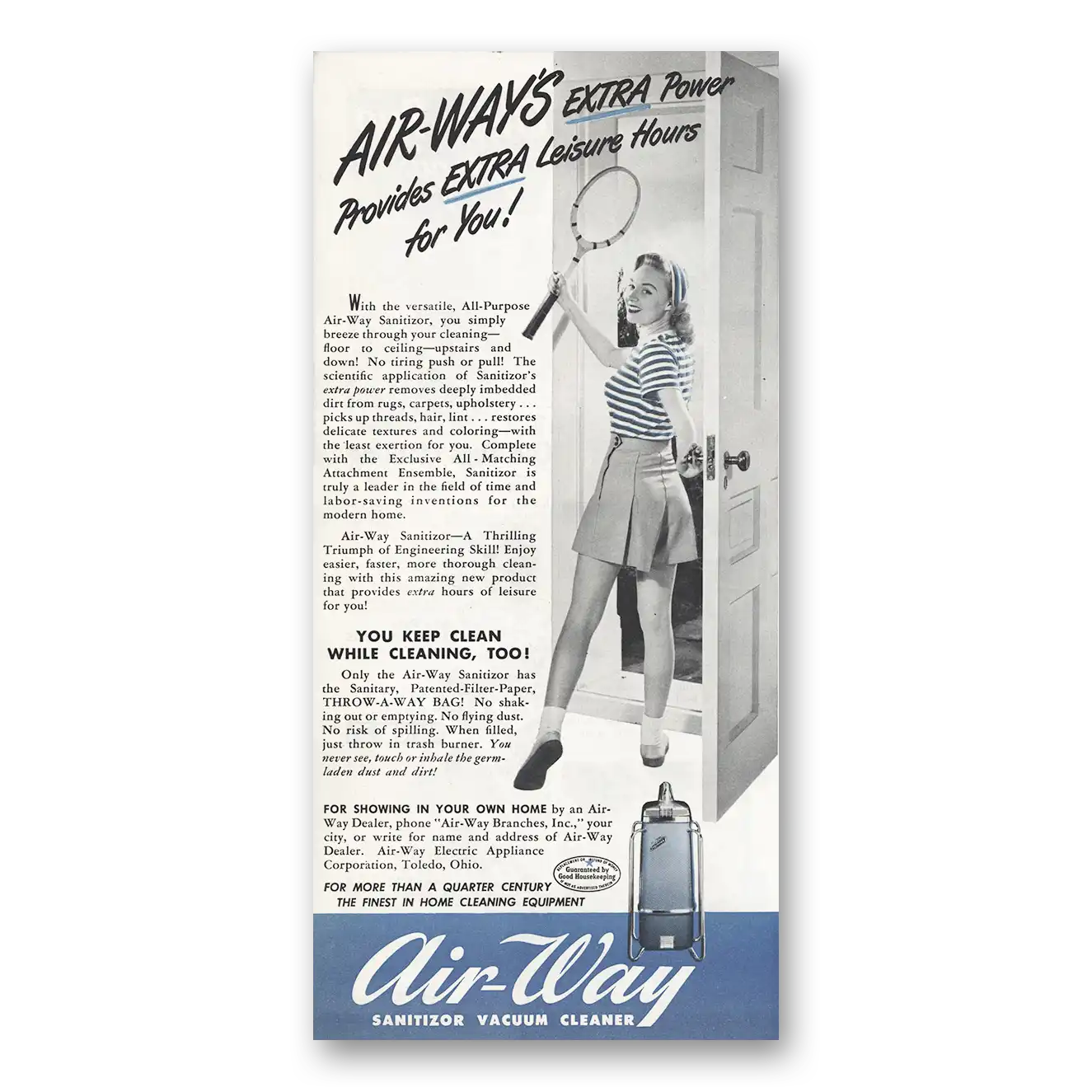 1949 Air Way Sanitizor Vacuum Provides Extra Leisure Hours Vintage Magazine Print Ad