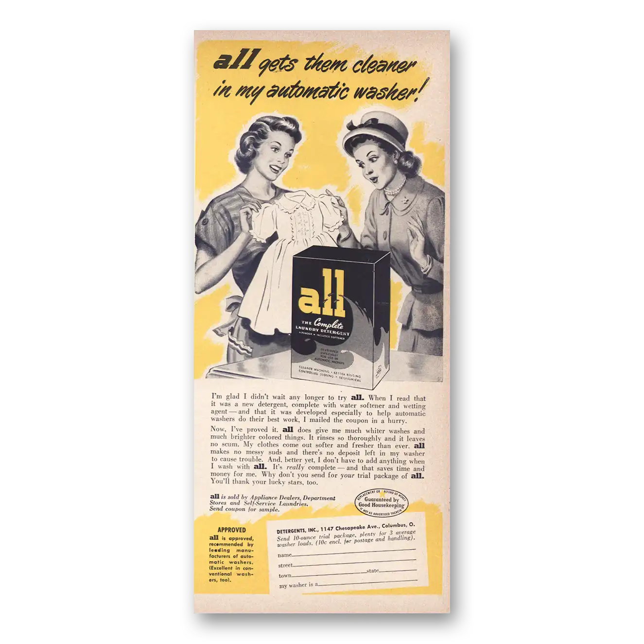 1949 All Detergent Gets Them Cleaner Automatic Washer Vintage Magazine Print Ad