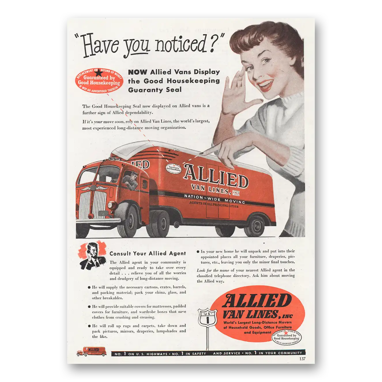 1949 Allied Van Lines Have You Noticed Vintage Magazine Print Ad