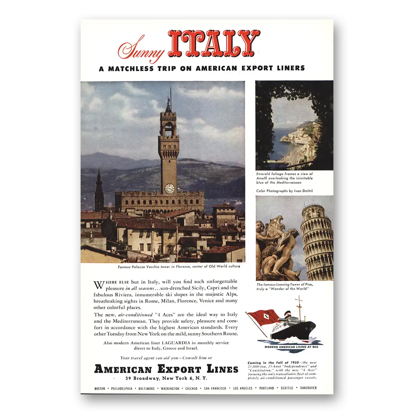 1949 American Export Lines Sunny Italy Vintage Magazine Print Ad