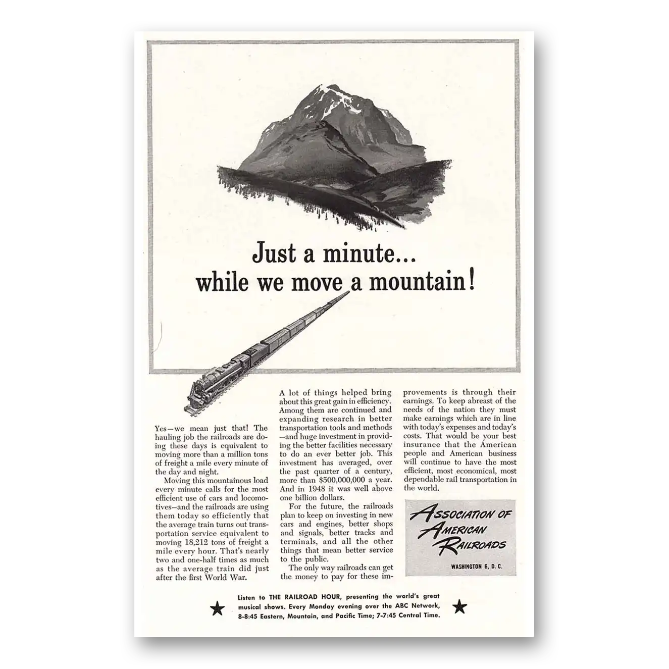 1949 Association of American Railroads Move a Mountain Vintage Magazine Print Ad