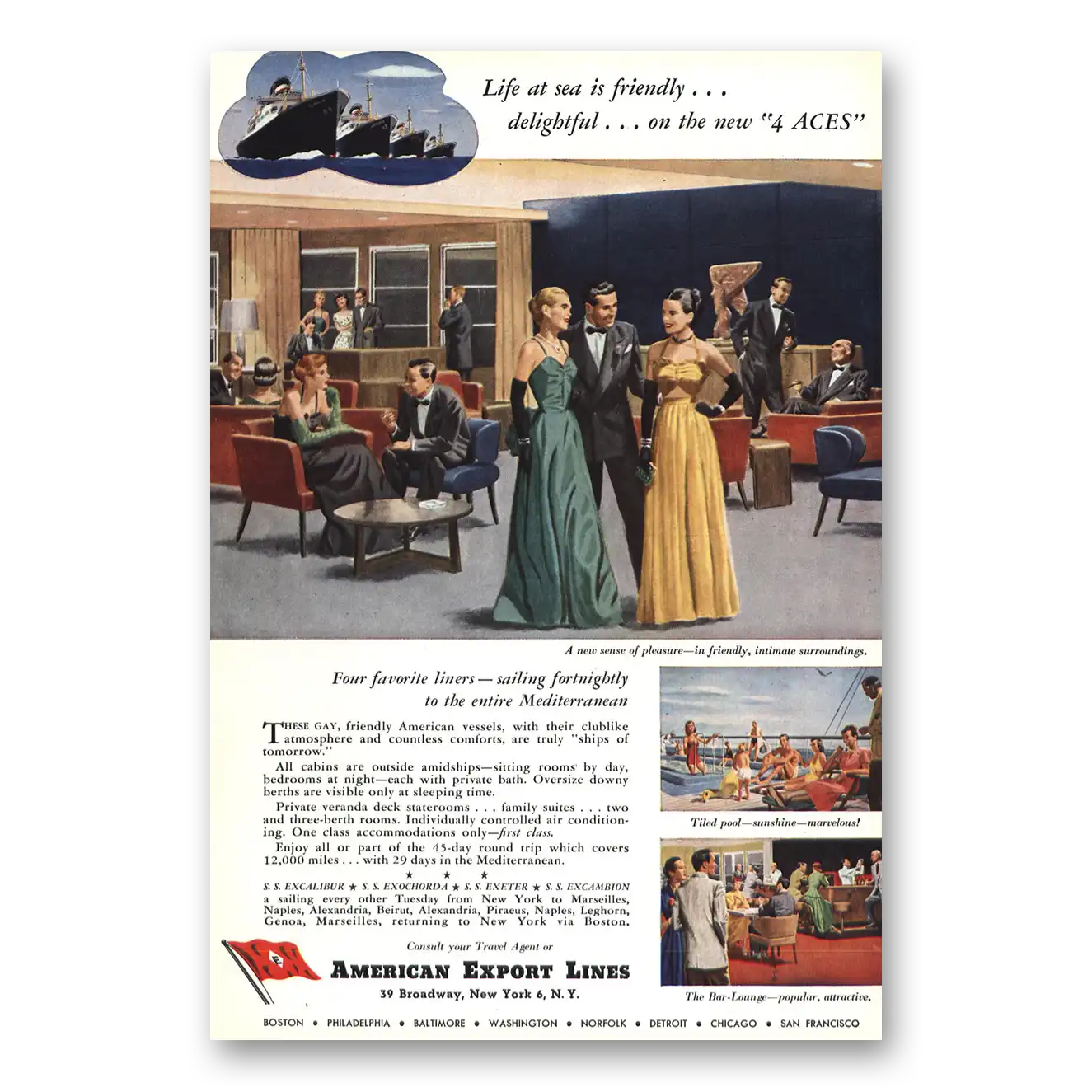 1949 American Export Lines Aces Life at Sea Is Friendly Vintage Magazine Print Ad