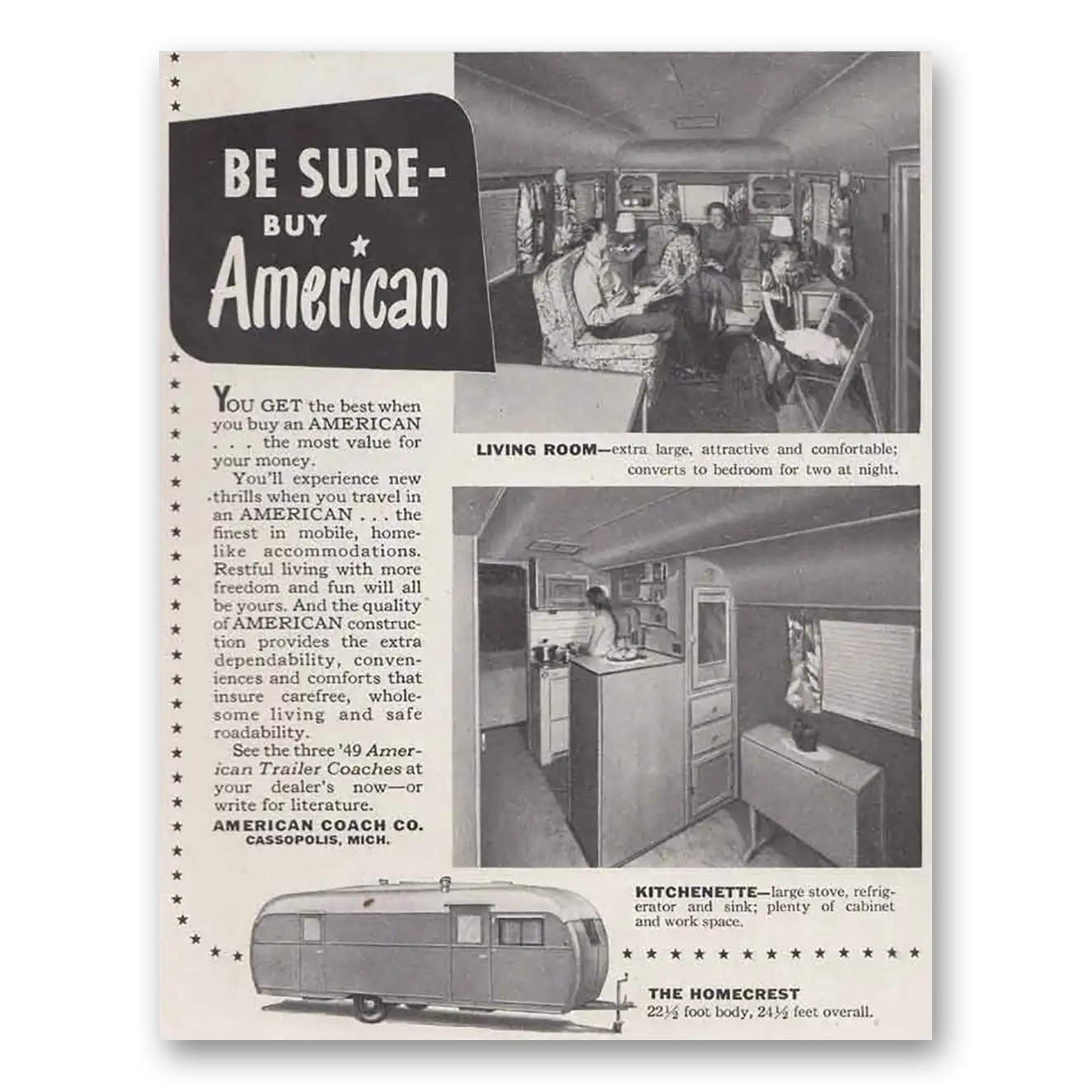 1949 American Coach Be Sure to Buy American Vintage Magazine Print Ad