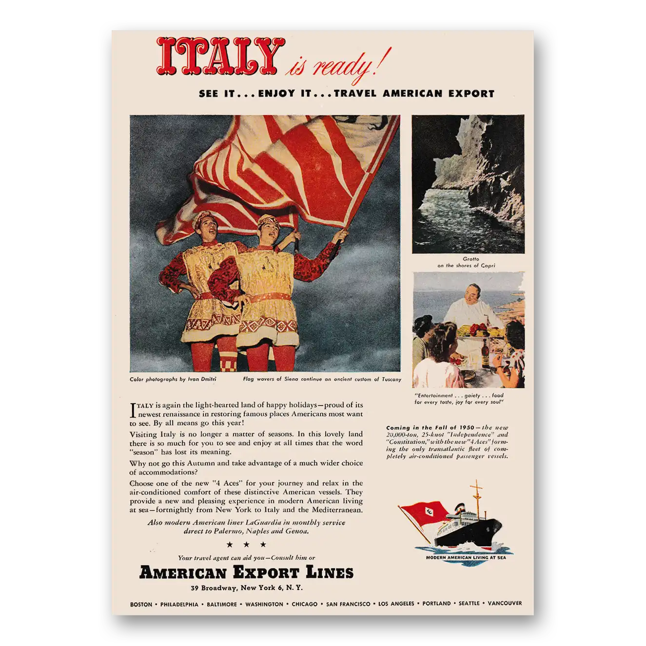 1949 American Export Lines Italy Is Ready Vintage Magazine Print Ad