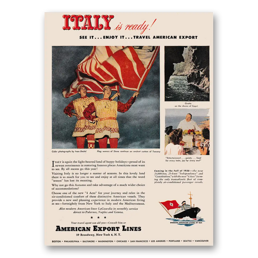 1949 American Export Lines Italy Is Ready Vintage Magazine Print Ad