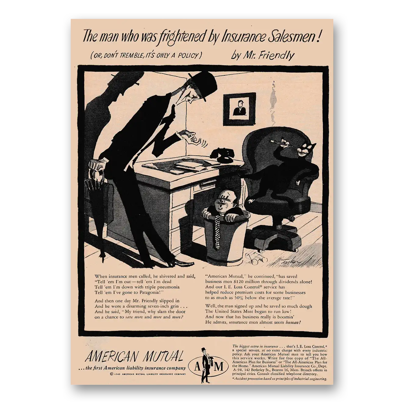 1949 American Mutual Insurance Man Who Was Frightened by Insurance Salesmen Vintage Magazine Print Ad