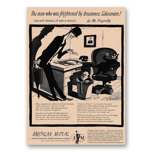 1949 American Mutual Insurance Man Who Was Frightened by Insurance Salesmen Vintage Magazine Print Ad