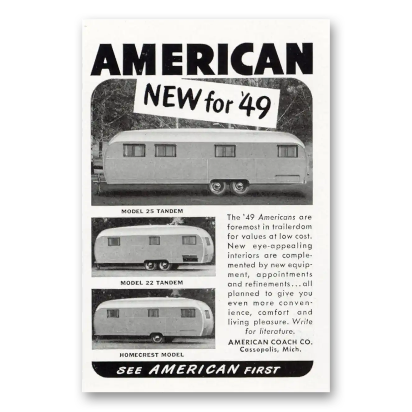 1949 American Coach Tandem and Homecrest Models Vintage Magazine Print Ad