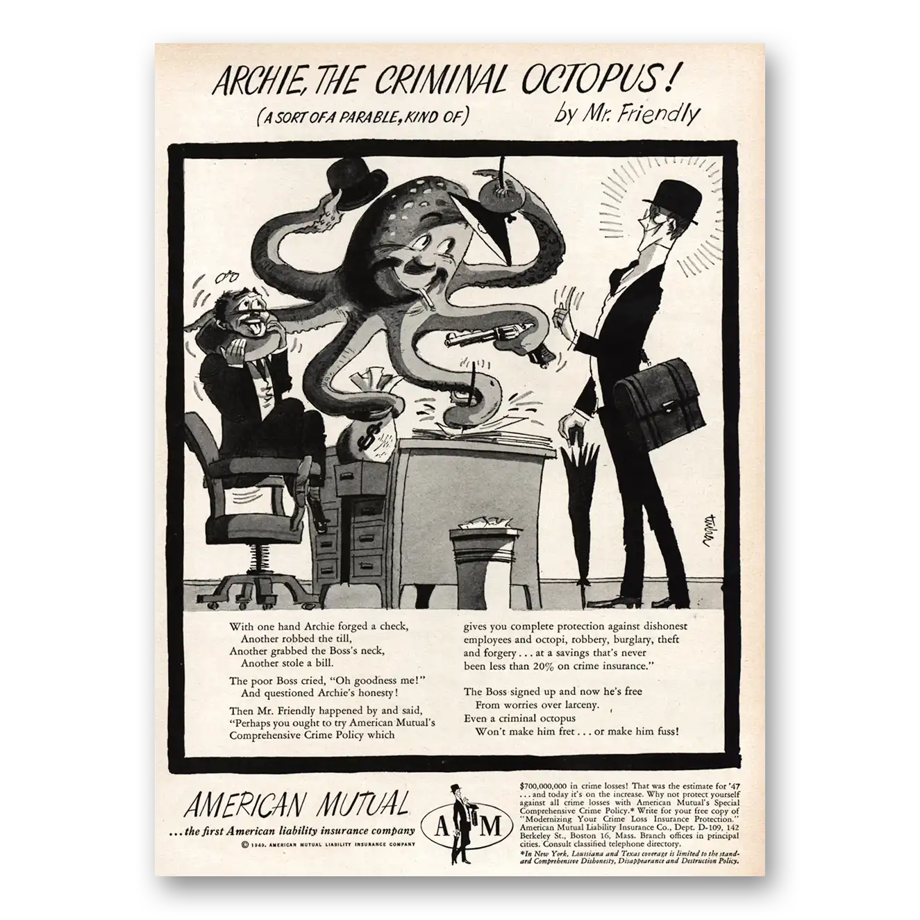 1949 American Mutual Insurance Archie Criminal Octopus Vintage Magazine Print Ad