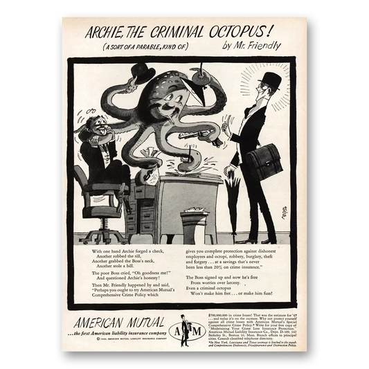 1949 American Mutual Insurance Archie Criminal Octopus Vintage Magazine Print Ad