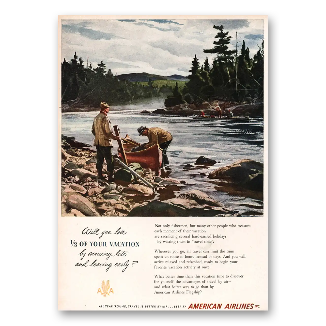 1949 American Airlines Not Only Fishermen Vintage Magazine Print Ad