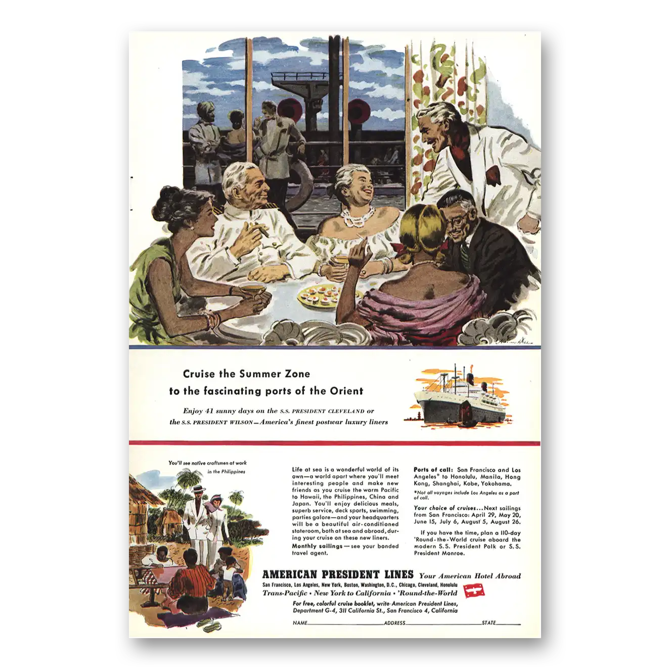 1949 American President Lines Cruise the Summer Zone Vintage Magazine Print Ad