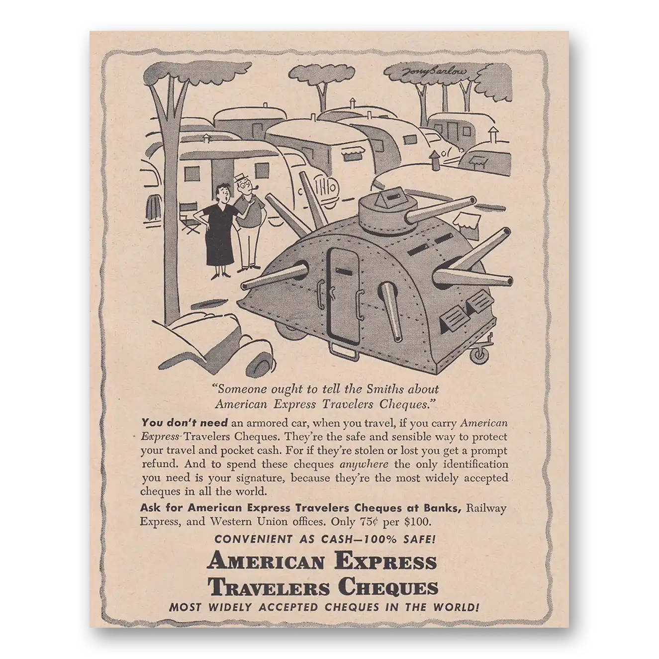 1949 American Express Travelers Cheques Someone Ought to Tell the Smiths Vintage Magazine Print Ad