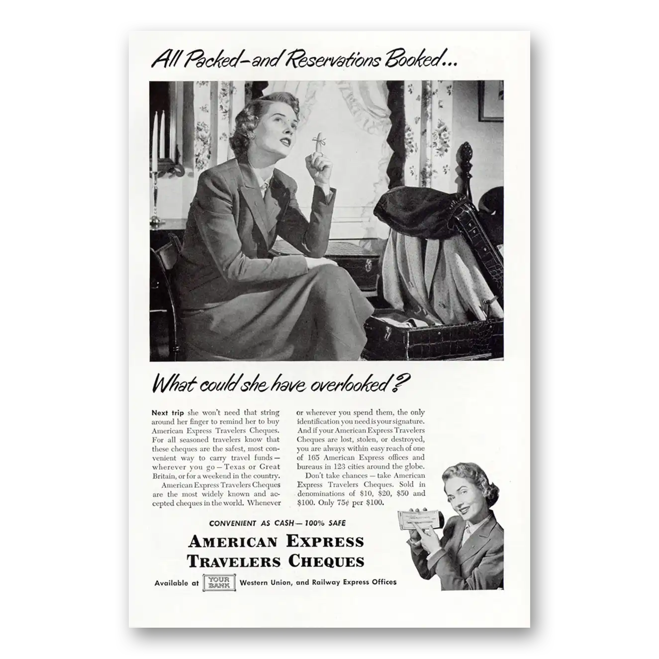 1949 American Express All Packed and Reservations Booked Vintage Magazine Print Ad