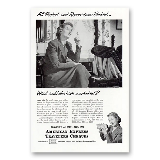 1949 American Express All Packed and Reservations Booked Vintage Magazine Print Ad